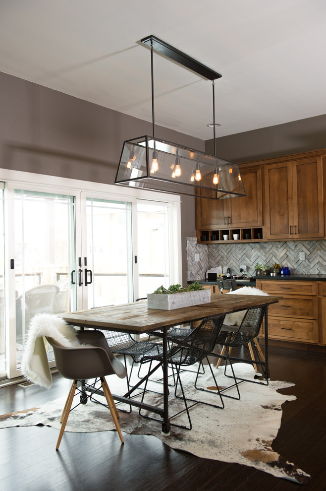 Design ideas for a country kitchen/dining combo in San Francisco with dark hardwood floors.