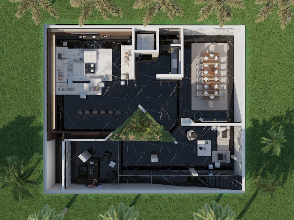 Идея дизайна: большой, двухэтажный, белый частный загородный дом в современном стиле с облицовкой из цементной штукатурки, плоской крышей, черепичной крышей и белой крышей