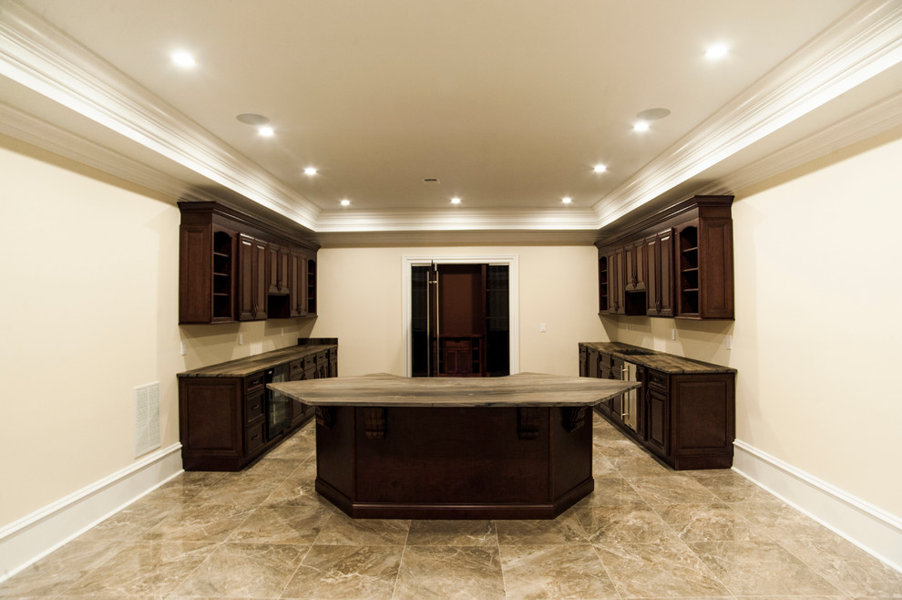 Example of a large classic porcelain tile basement design with beige walls and a standard fireplace