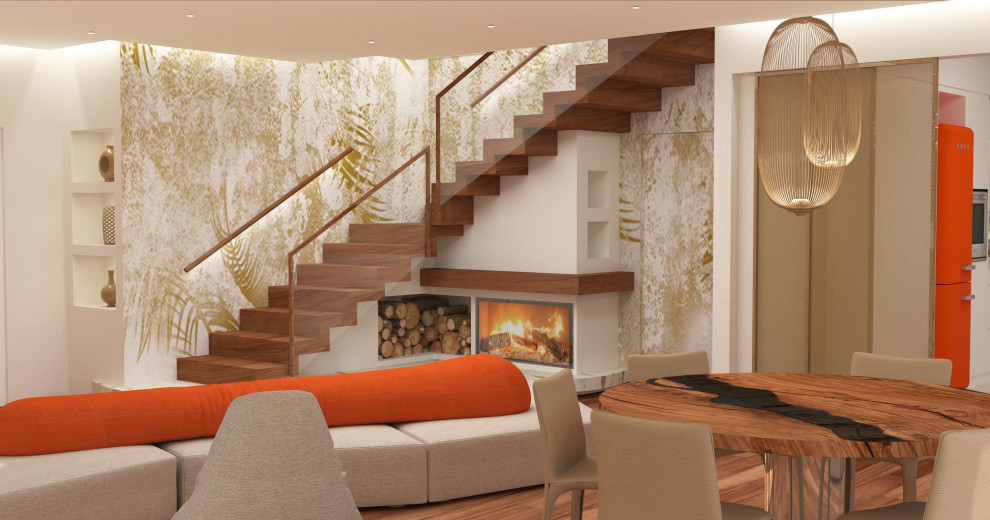 Contemporary family room in Milan with white walls, light hardwood floors, a corner fireplace and wallpaper.