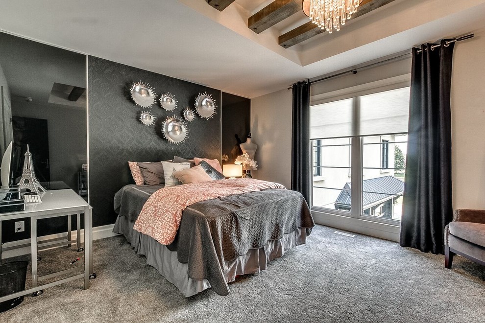 Inspiration for a mid-sized contemporary master bedroom in Toronto with beige walls, carpet, no fireplace and grey floor.