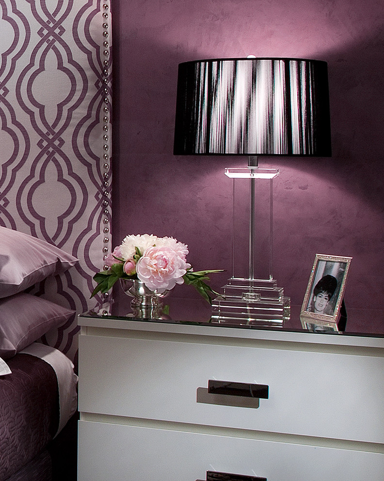 Bedroom - mid-sized contemporary master carpeted bedroom idea in Phoenix with purple walls