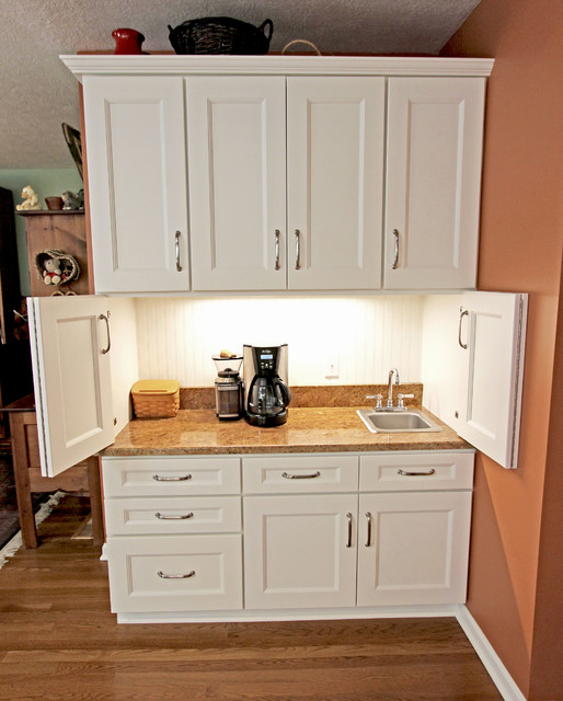 White Refaced Kitchen Cabinets With New Hardware Coffee Bar