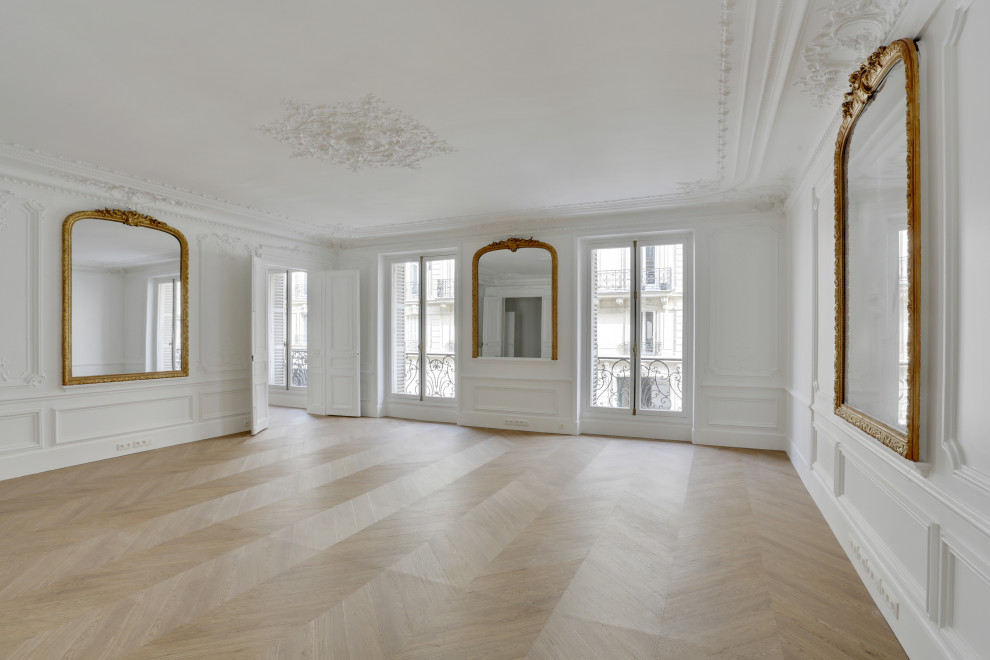 Foto på ett mycket stort vintage separat vardagsrum, med vita väggar, linoleumgolv och beiget golv