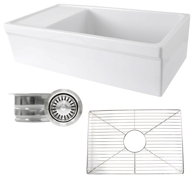 Fireclay Farmsink With BuiltIn Drainboard, Grid & Disposal Drain Set