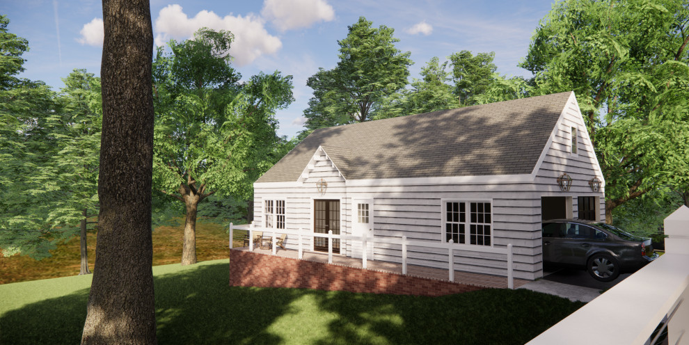 Idée de décoration pour une petite façade de Tiny House blanche tradition en bois et bardage à clin de plain-pied avec un toit à deux pans, un toit en shingle et un toit gris.