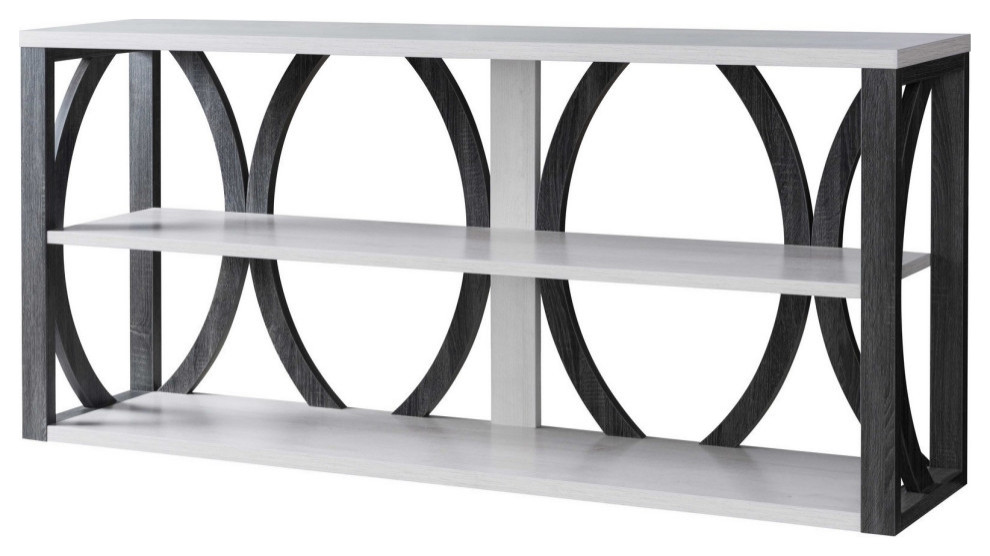2 Tier Wooden Frame Console Table With Multiple Oval Design, White and