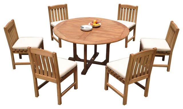 7 Piece Outdoor Patio Teak Dining Set, Round Wooden Garden Table And 6 Chairs