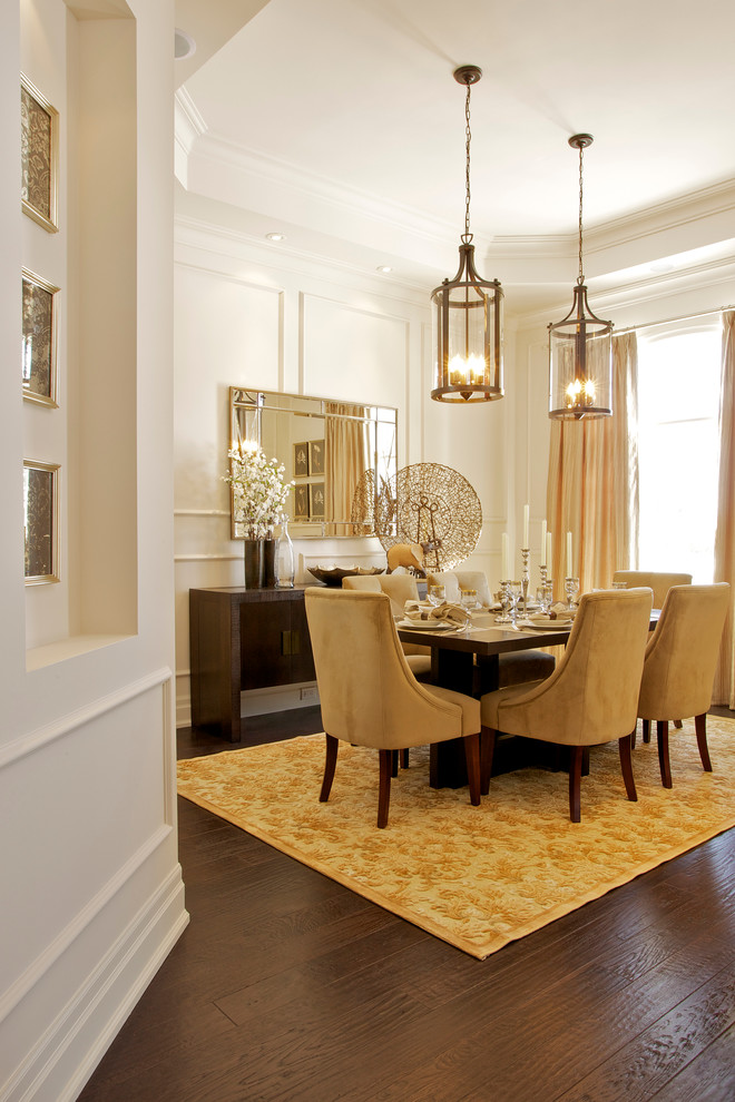 Inspiration for a traditional dining room in Toronto with white walls and dark hardwood floors.