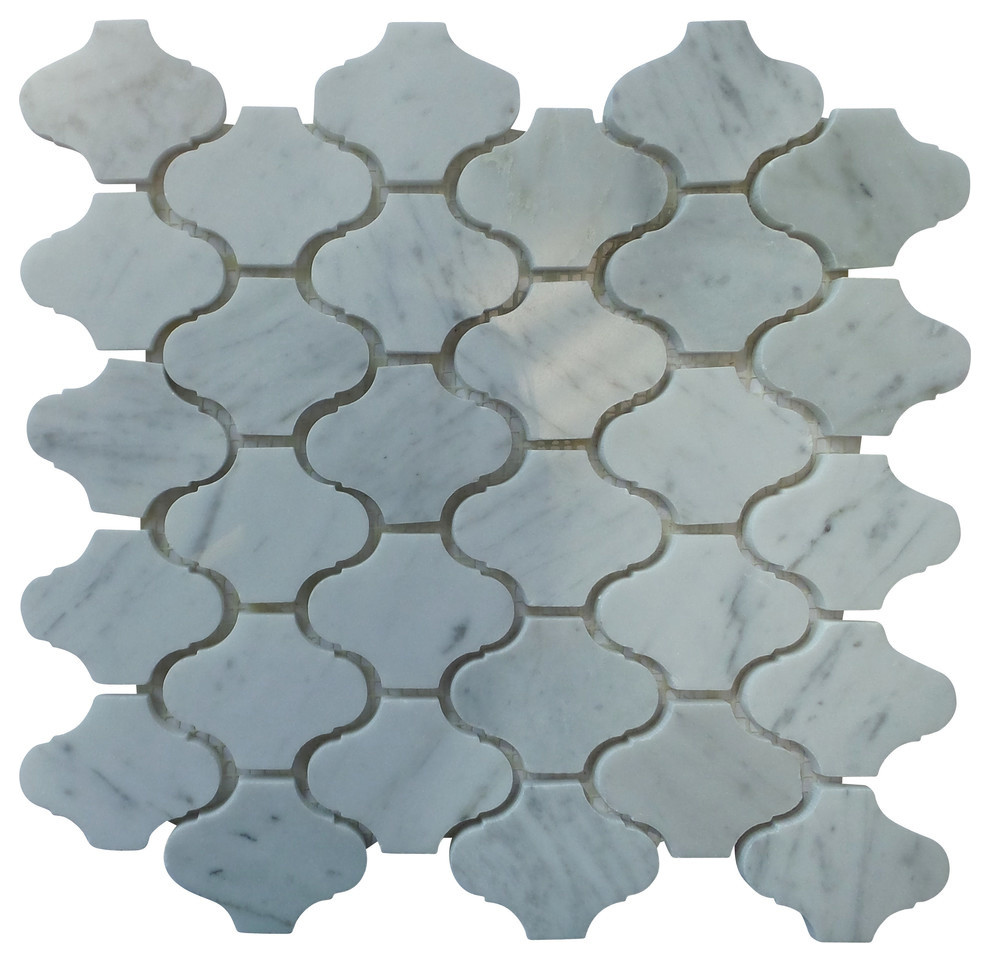 Polished Marble Lantern Pattern Mosaic Tile, Bianco Carrara White, 15 Sheets
