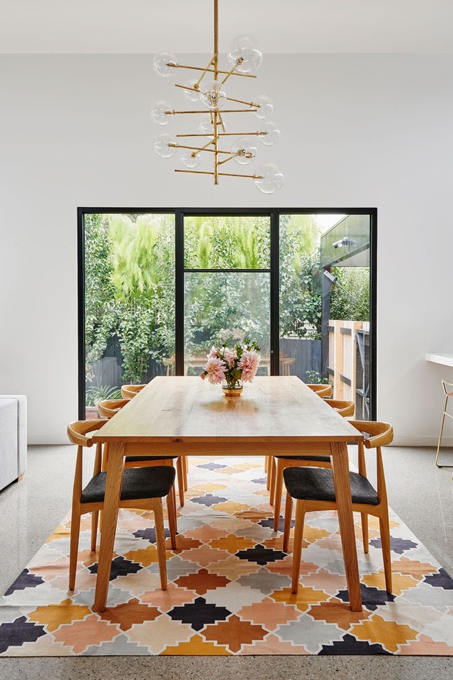 Contemporary open plan dining in Geelong with white walls, concrete floors and grey floor.
