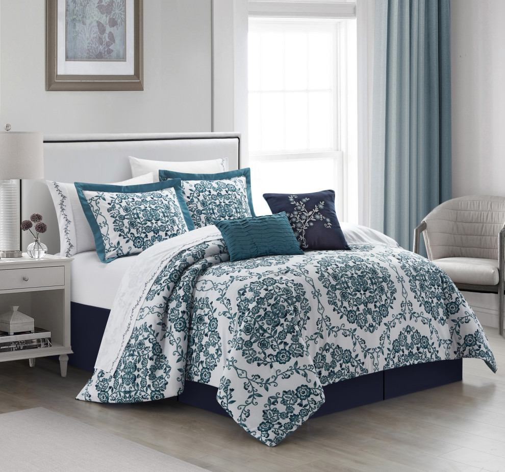 Blythe 10 Piece Comforter Bed in a Bag, White/Blue, California King