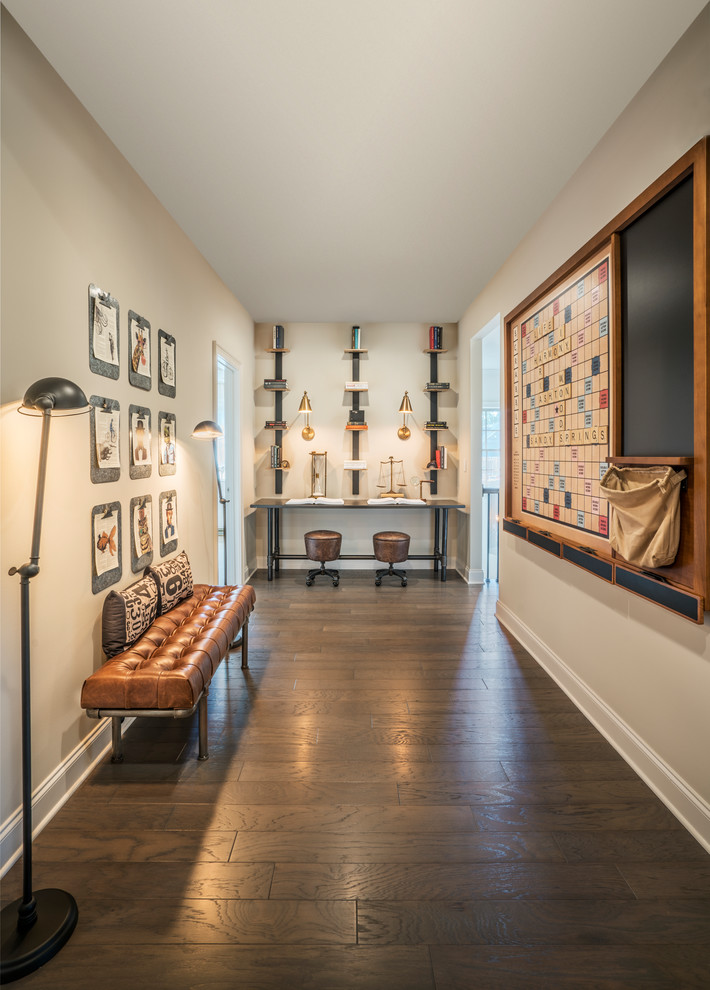 Design ideas for a traditional hallway in Atlanta with grey walls, dark hardwood floors and brown floor.