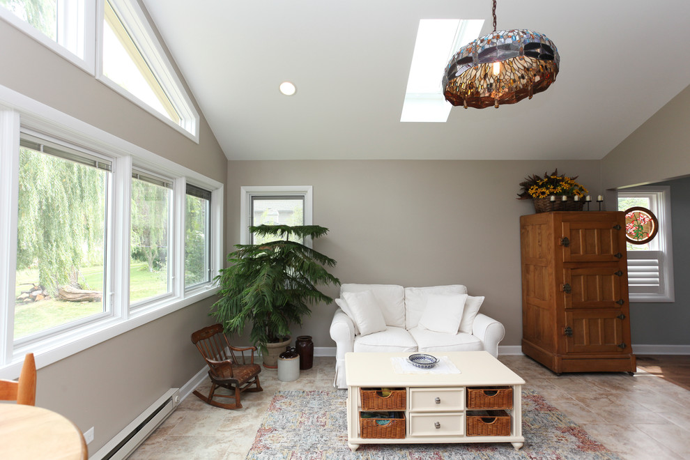 Design ideas for a large transitional sunroom in Chicago with a skylight and no fireplace.