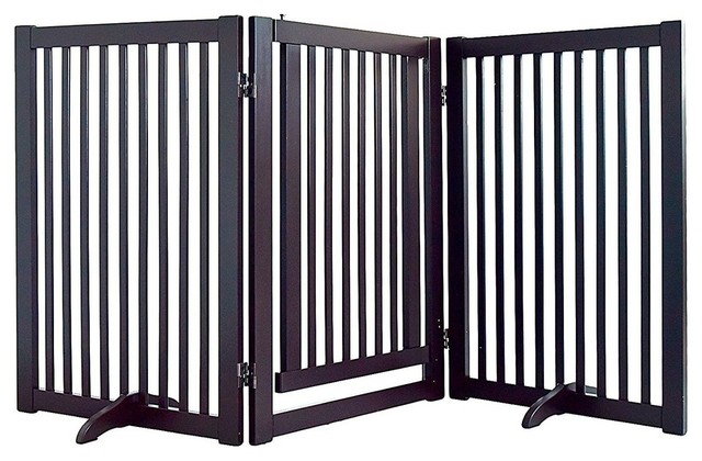 Wood Freestanding Pet Gate With Small Door 66 Inch Transitional