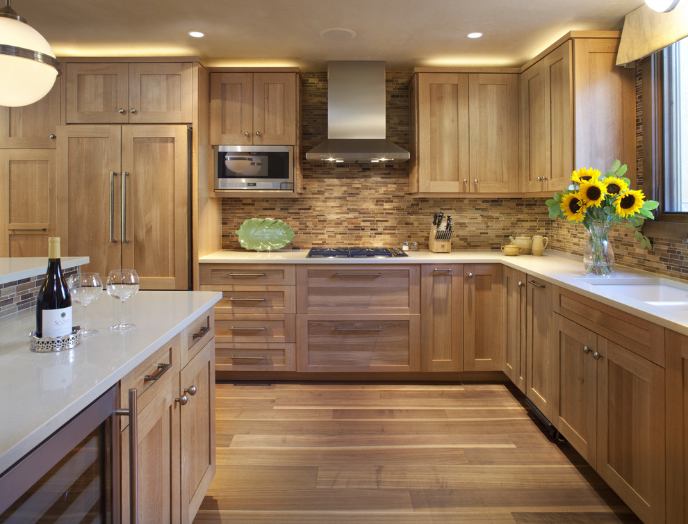 Contemporary kitchen in Denver with panelled appliances.