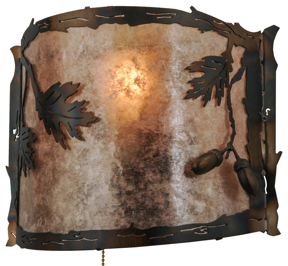 12 Wide Oak Leaf & Acorn W/Pull Chain Wall Sconce Rustic Wall
