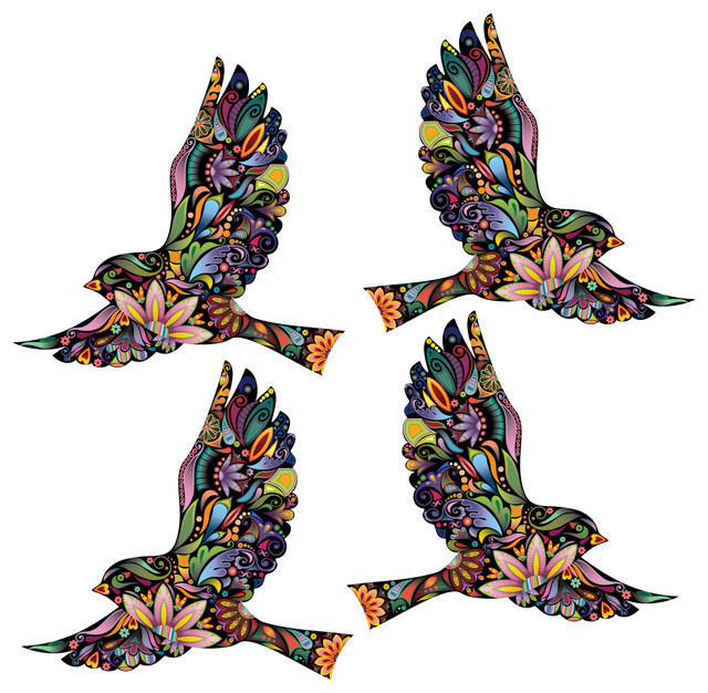 4 flying floral bird wall stickers for walls and windows