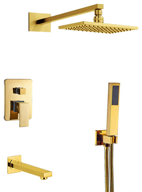 Gnial Gold Brass Rainfall Shower Set With Waterfall Tub Spout And