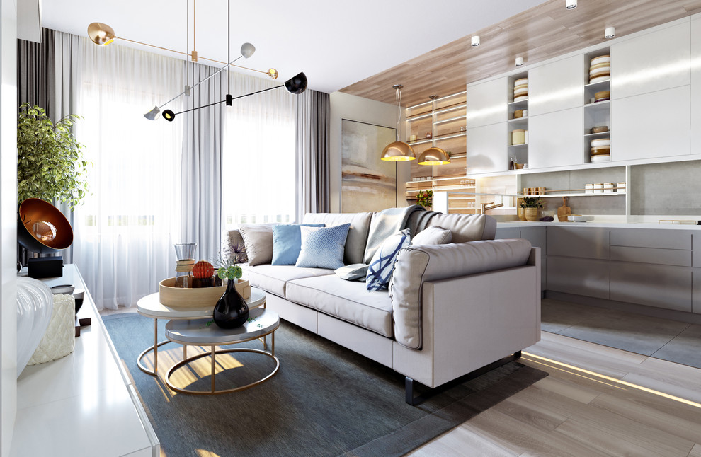 Интерьер объединенных кухни и гостиной