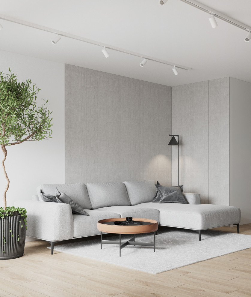 Idéer för att renovera ett mellanstort minimalistiskt vardagsrum, med grå väggar, laminatgolv och beiget golv