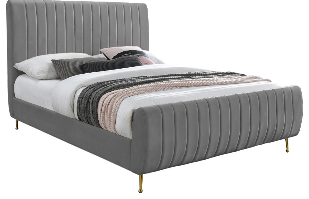 Zara Channel Tufted Velvet Upholstered Bed With Custom Gold Legs, Gray, Full