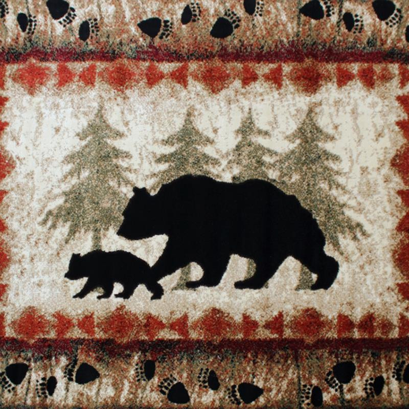Ursus Collection Rustic Lodge Black Bear and Cub Area Rug with Jute Backing, Brown, 5' X 7'