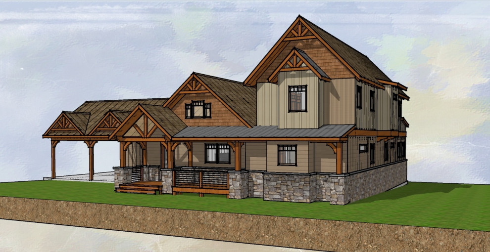 This is an example of an arts and crafts two-storey exterior with mixed siding and board and batten siding.