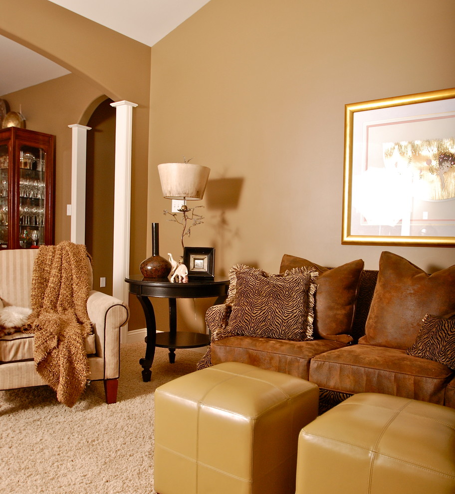 Example of a mid-sized trendy formal and enclosed carpeted living room design in Philadelphia with beige walls, no fireplace and no tv