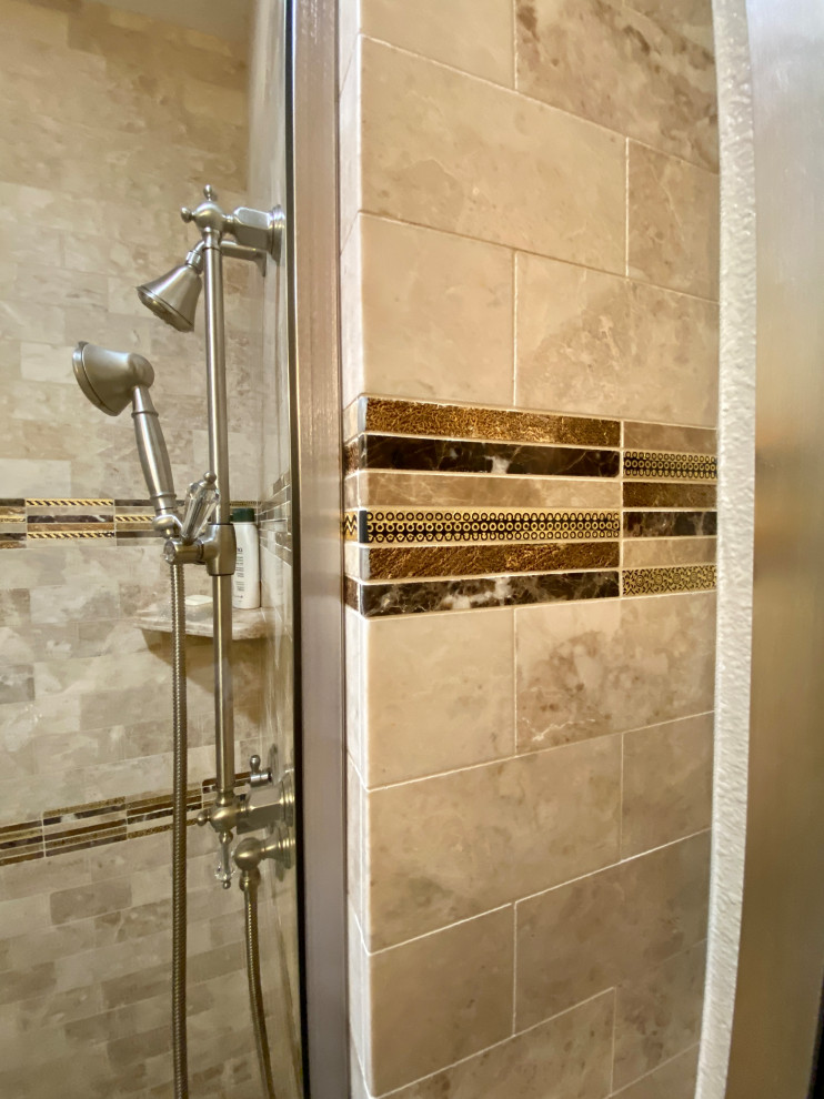 This is an example of a medium sized traditional shower room bathroom in San Francisco with recessed-panel cabinets, dark wood cabinets, an alcove shower, a one-piece toilet, beige tiles, porcelain tiles, beige walls, porcelain flooring, a built-in sink, granite worktops, beige floors, a sliding door, beige worktops, a single sink and a built in vanity unit.