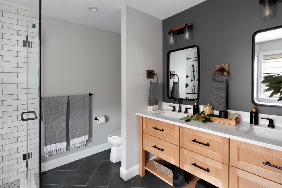 Mid-sized cottage master white tile and ceramic tile ceramic tile, gray floor and double-sink shower bench photo in New York with recessed-panel cabinets, light wood cabinets, gray walls, an undermount sink, quartz countertops, white countertops and a freestanding vanity