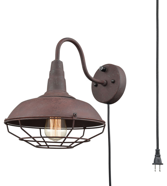 Industrial Rust Gooseneck Wall Sconce with Cage, Plug-in