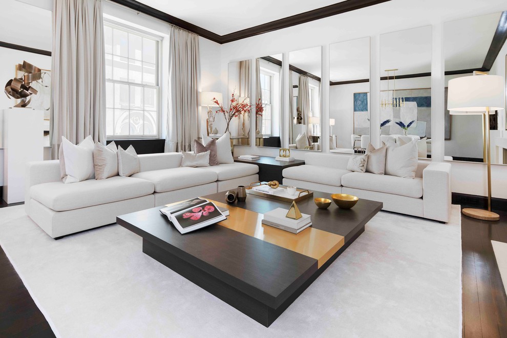 Inspiration for a contemporary formal open concept living room in New York with white walls and dark hardwood floors.