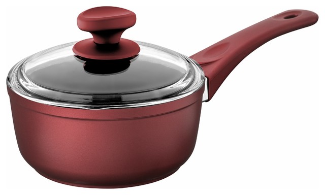 Saflon Titanium Nonstick Sauce Pan with Glass Lid, PFOA Free, Red, 2-Quart