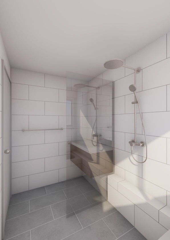 This is an example of a small contemporary 3/4 bathroom in Central Coast with a drop-in tub, an open shower, white tile, ceramic tile, white walls and ceramic floors.