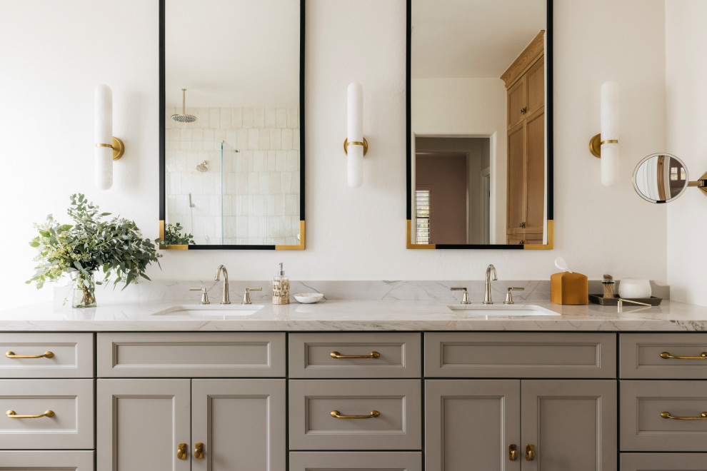 Inspiration for a transitional double-sink bathroom remodel in Phoenix with green cabinets