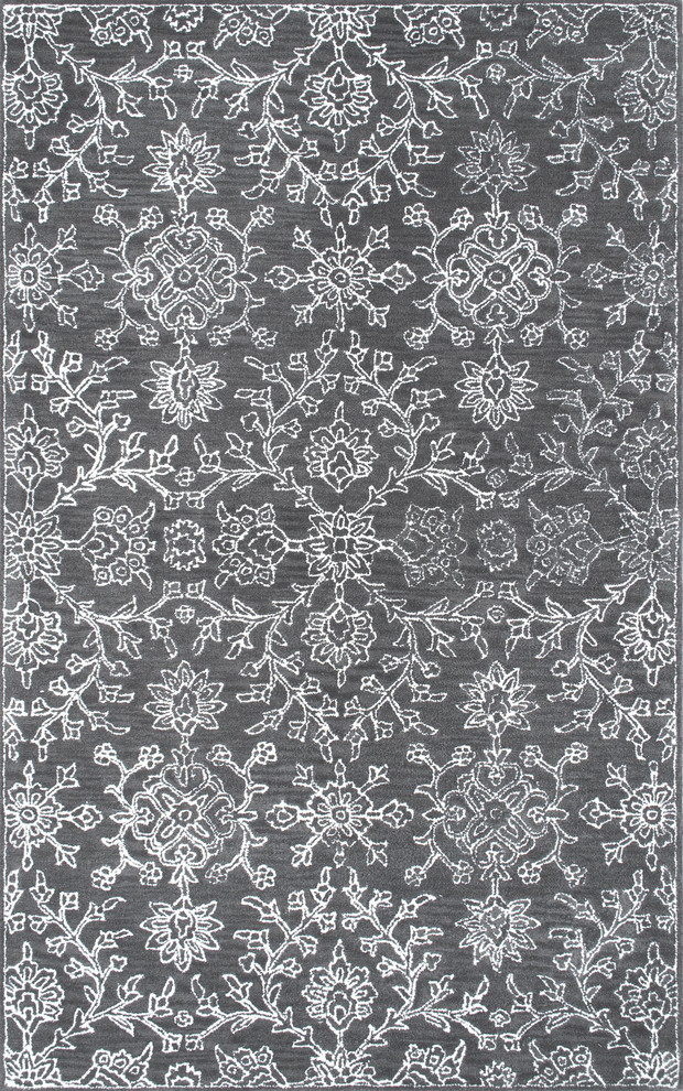 Hand-Tufted Wool Floral Damask Area Rug, Charcoal, 5'x8'