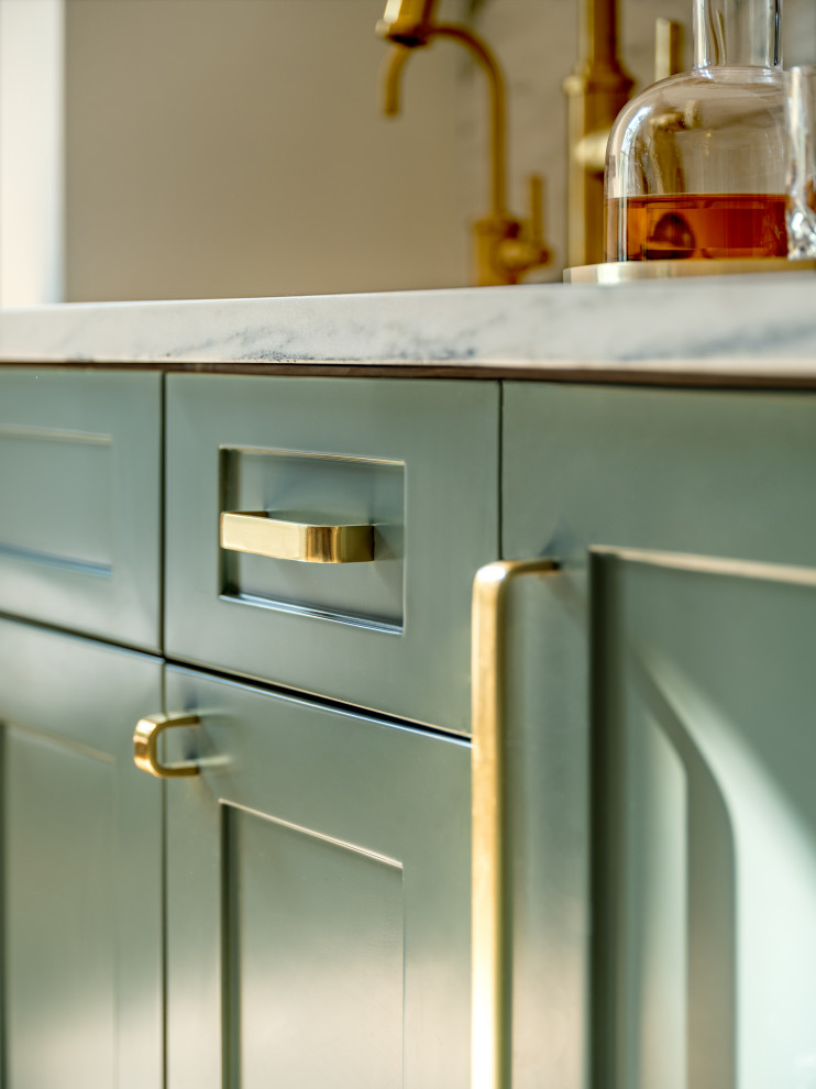 Design ideas for a small retro galley wet bar in New York with a submerged sink, shaker cabinets, green cabinets, marble worktops, multi-coloured splashback, marble splashback and multicoloured worktops.