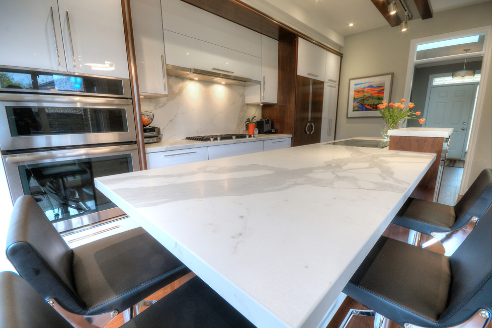 Eat-in kitchen - large transitional single-wall dark wood floor and brown floor eat-in kitchen idea with flat-panel cabinets, white cabinets, white backsplash, stainless steel appliances and an island