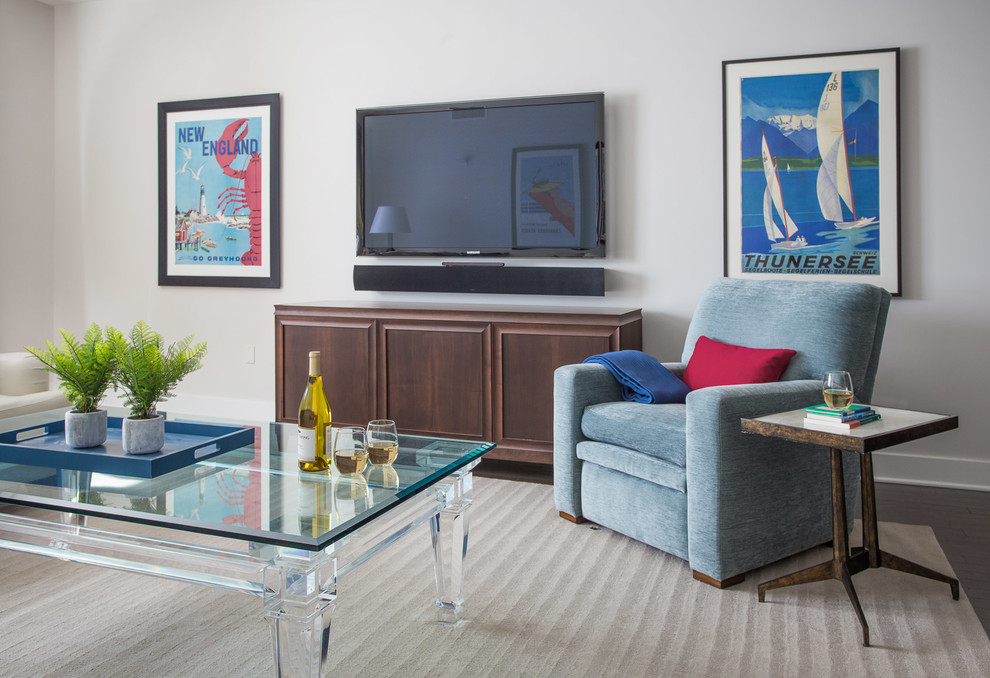 Example of a mid-sized minimalist open concept dark wood floor living room design in Boston with beige walls, no fireplace and a wall-mounted tv