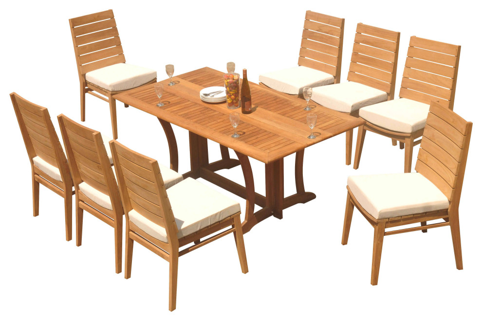 9Piece Outdoor Teak Dining Set 69" Folding Table 8 Char Stacking