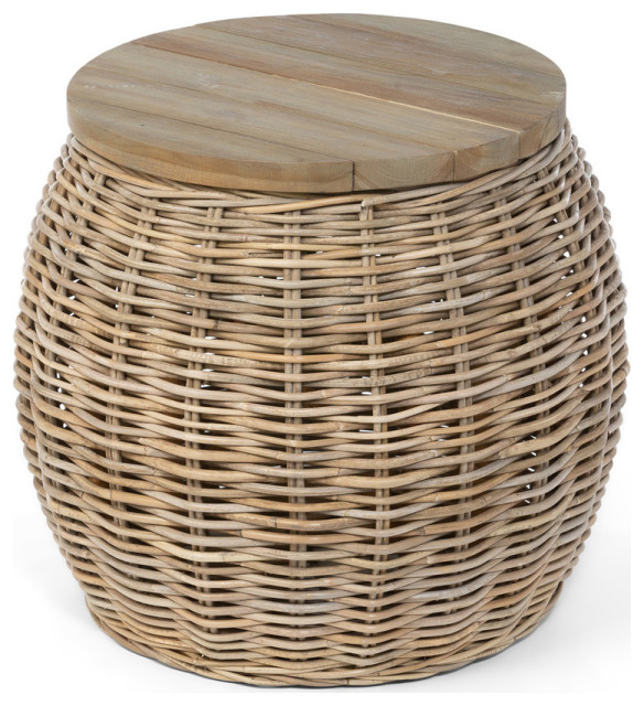 Round Rattan Side Table With Removable Teak Top Tropical Side