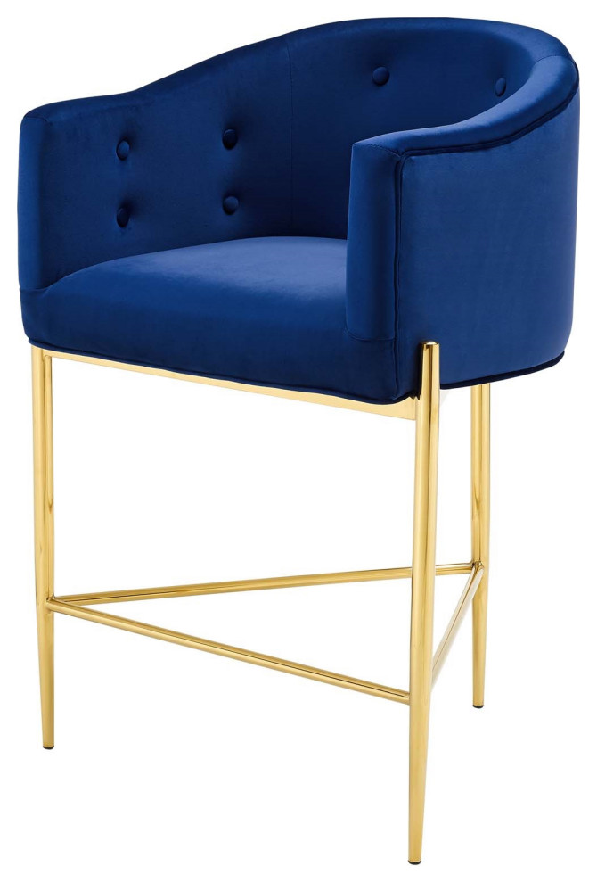 Claude Blue Velvet Bar Stool, Tufted Gold Barstool, Luxe Glam Kitchen