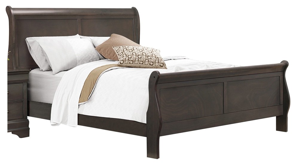 Modern Louis Philippe Queen Sleigh Bed, Dark Brown, Queen