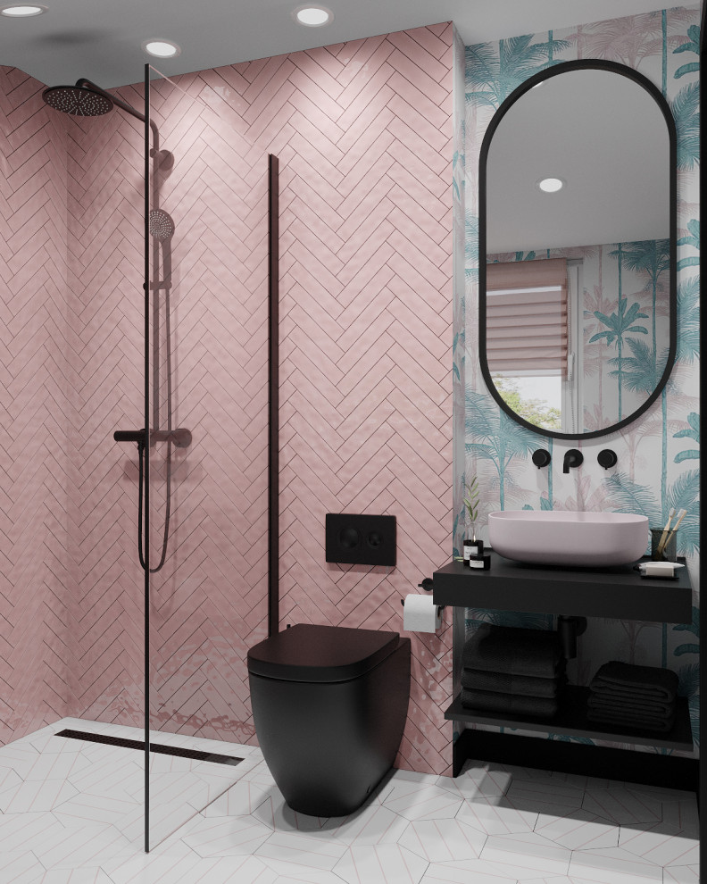 На фото: главная ванная комната среднего размера в стиле модернизм с душевой комнатой, розовой плиткой, керамической плиткой, белым полом, черной столешницей, тумбой под одну раковину, подвесной тумбой и обоями на стенах с