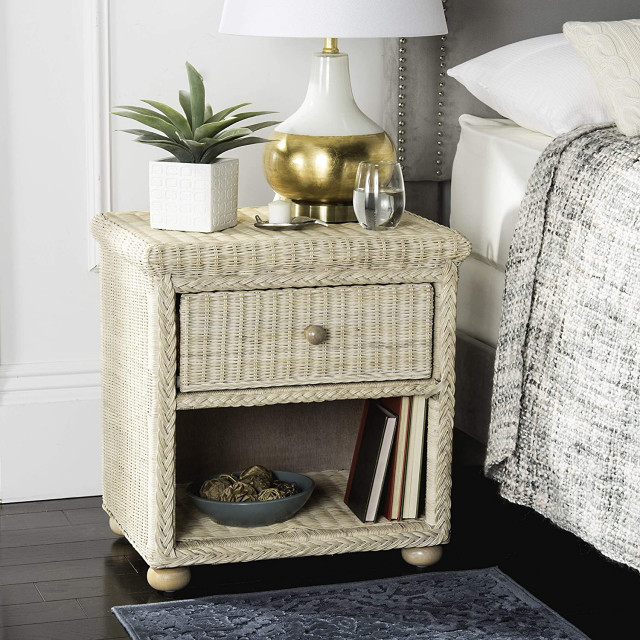 Coastal Nightstand, Rattan Frame With Lower Shelf and Upper Drawer ...