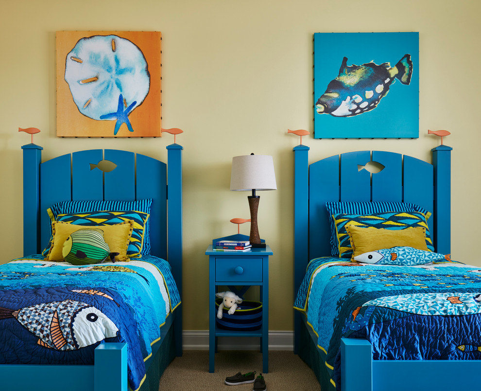 Design ideas for a beach style bedroom in Miami with yellow walls and carpet.