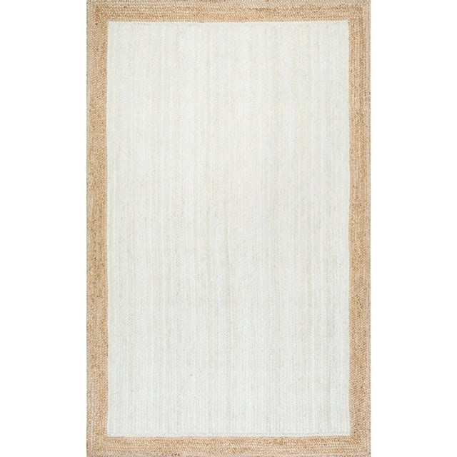 Farmhouse Area Rug, Braided Jute With Natural Border & Inner White, 4' X 7'