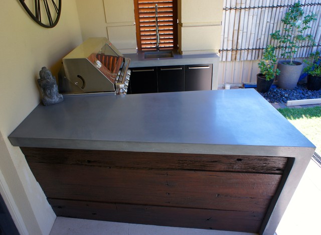 Outdoor Kitchen Polished Concrete Worktops Black Cabinets And