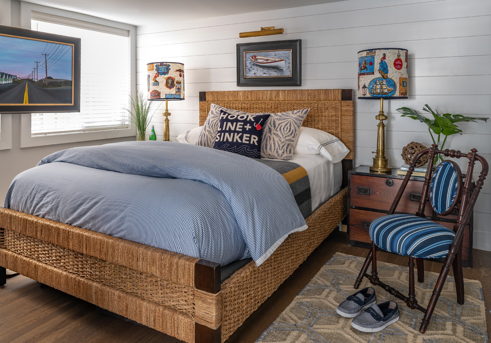 Photo of a small beach style bedroom in Boston with grey walls, no fireplace and dark hardwood floors.